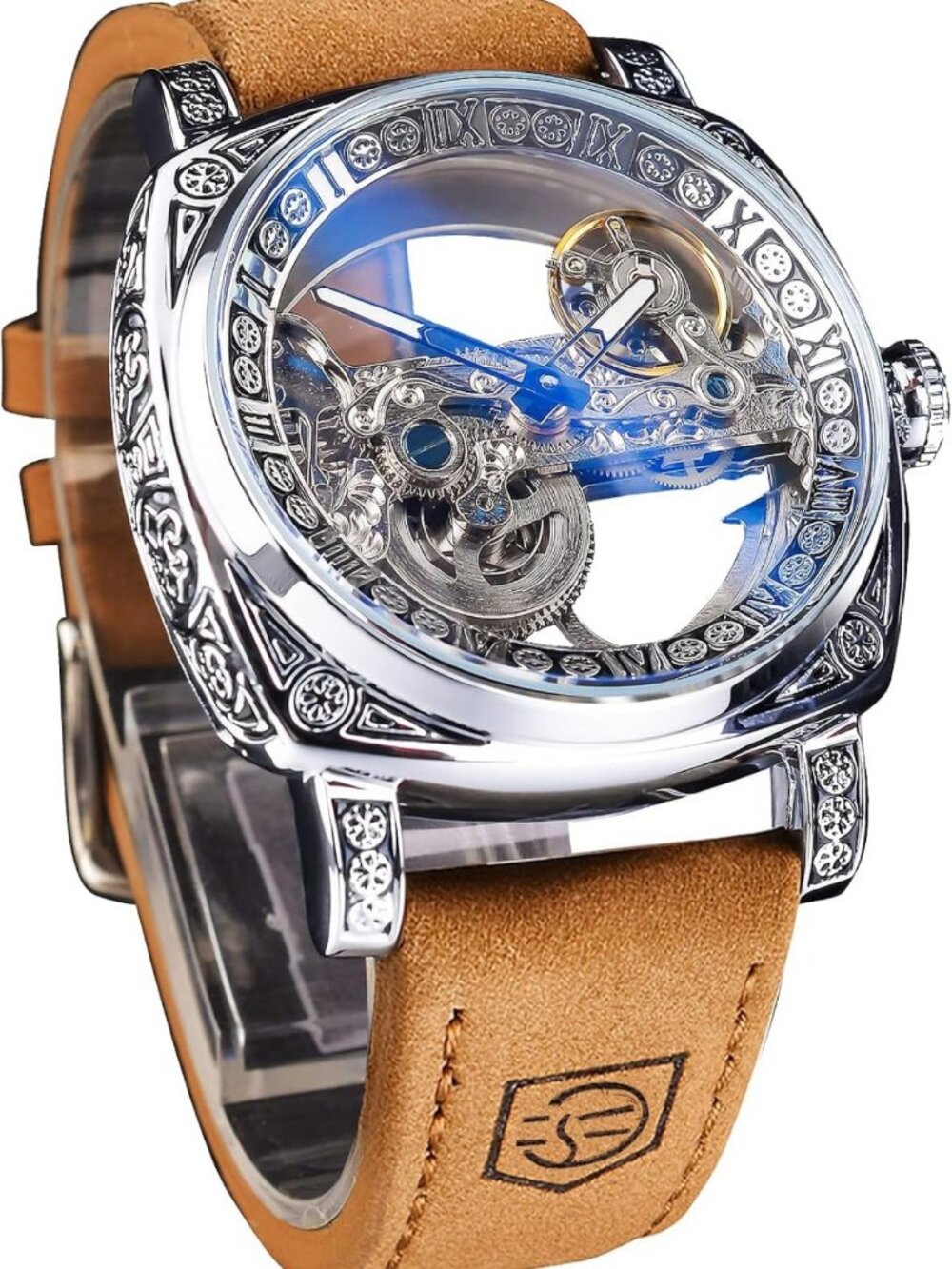 Luxury Mechanical Watch for Men, Retro Hollow Skeleton, Vintage Leather Strap